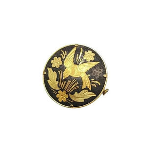 1940s Gold Tone Damascene Floral Bird Pin Brooch Trombone Clasp Vintage Round